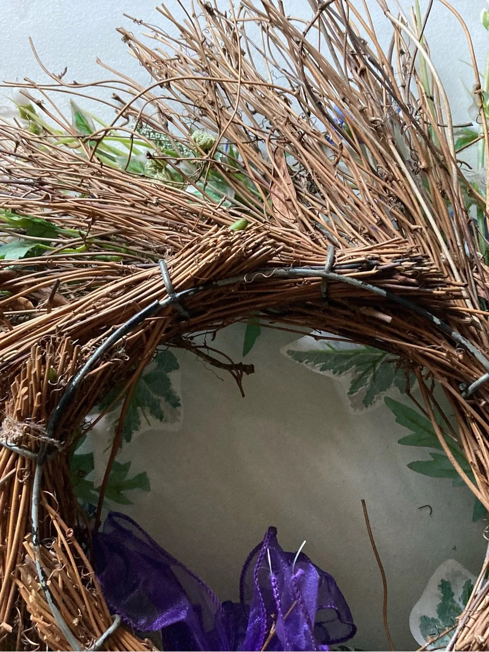 Twig Ivy Wreath Blue Flowers Greenery Purple Bow Floral Door Decor 24” Wide